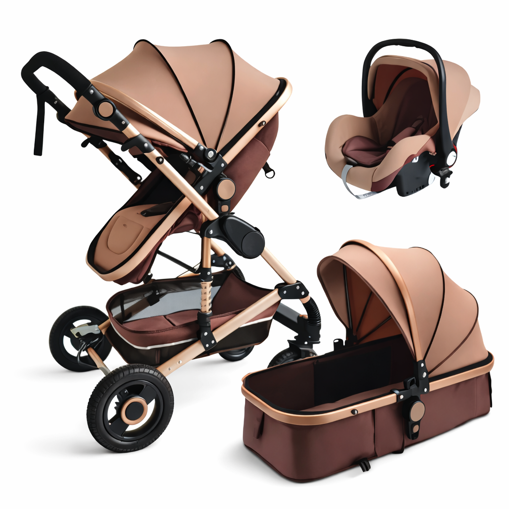 Poussette 3 en 1 Bébé avec Nacelle et Siège Auto Marron